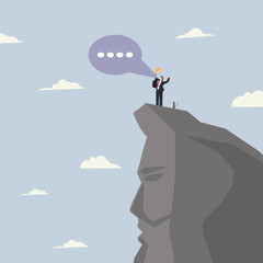 Businessman standing on a high hilltop holding a trophy and shouting through a bubble speech, symbolizing success, leadership, achievement, ambition, and communication in business and career growth