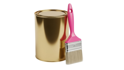 Isolated gold paint can with pink paint brush for creative painting and decorating projects