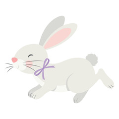 Cute illustration of rabbit in grey colours with violet bow. Vector illustration isolated on a white background.