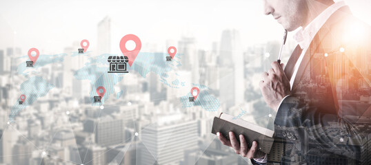 A professional examines location data and trends with a notebook in hand, set against a modern city skyline, illustrating business strategy and analysis. Gantry