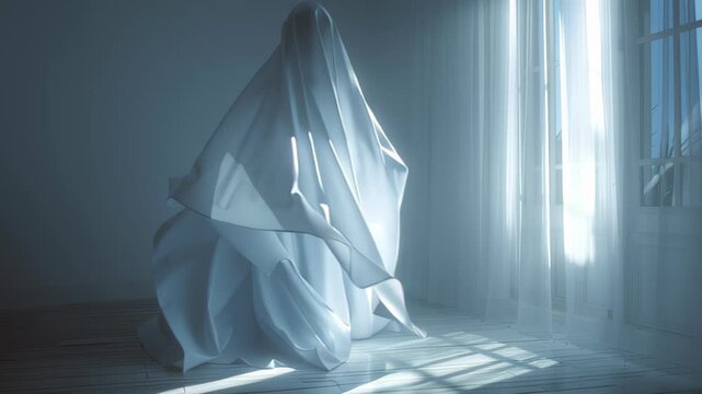floating ghost sheet glowing softly in clean white room, surreal dreamy Halloween vibe