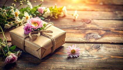 Beautifully wrapped gift box adorned with fresh pink flowers on rustic wooden background.
