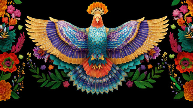 Bright fantastic firebird or phoenix with intricate floral motifs on black background