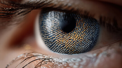 Human eye with fingerprint-like pattern on iris - concept of uniqueness, identity, biometric identification, global control