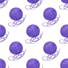 Hand drawn vintage seamless pattern of purple ball of yarn with loose thread in sketch style illustration