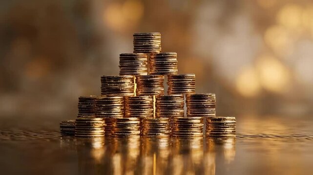 Pyramid of stacked coins on a reflective surface with a warm, golden bokeh background.