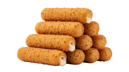 Isolated golden mozzarella sticks and bites stacked in a pyramid, delicious snack food item