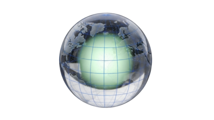 Isolated glass globe featuring world map with meridian lines in studio shot, stock photography