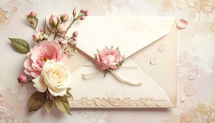 Elegant Vintage Envelope Adorned with Delicate Pink and Cream Roses and Green Leaves.