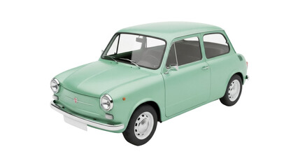 Isolated compact classic car from the 1970s, vintage automobile in light green paint