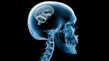 X-ray image of human skull with small brain - symbol of memory loss, low intelligence, cognition problems