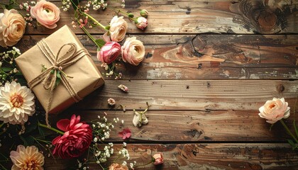 Rustic wooden table with a gift box and fresh flowers for celebration.
