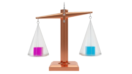 Isolated scales, balanced, showing equal weight with pink and blue cubes in containers