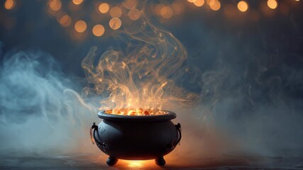 floating cauldron with glowing mist rising, surreal magical festive design