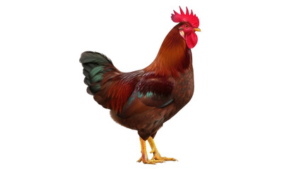 Isolated colorful rooster standing against a plain background in an eye-level studio shot