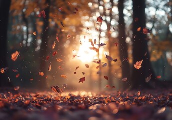 Vibrant Autumn Leaves Falling in Forest, Golden Sunlight Filtering Through Trees, Creating Warm Atmosphere