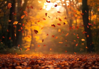 Vibrant Autumn Leaves Falling in Forest, Golden Light Shining Through Trees, Colorful Seasonal Scene Unfolds