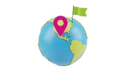 Isolated World globe with location pointer and flag marker denoting a travel destination