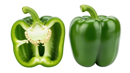 Isolated sliced and whole green bell peppers on display with seeds ready to cook for food