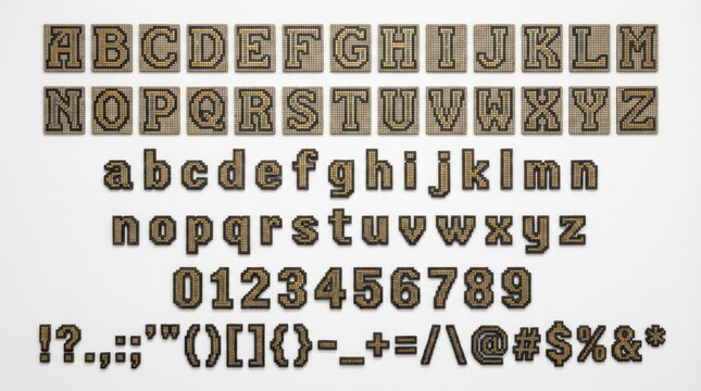 font alphabet in 8 bit tile mosaic mask display style from a to z numbers punctuation isolated on white background