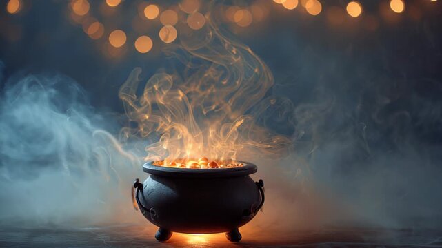 floating cauldron with glowing mist rising, surreal magical festive design