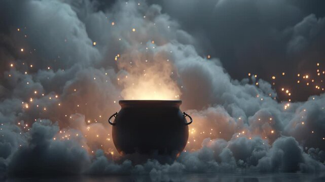 floating cauldron with glowing mist rising, surreal magical festive design