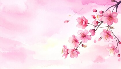 Artistic watercolor painting of delicate pink cherry blossoms blooming on a branch.