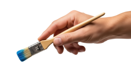 Isolated human hand holding a paint brush with blue paint on its bristles ready to work