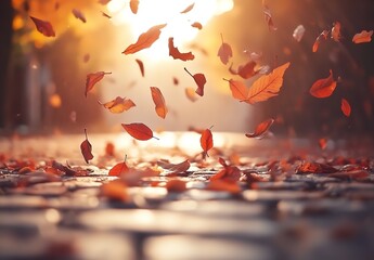 Vibrant Autumn Leaves Falling on Wet Cobblestone Street with Warm Sunlight and Reflections
