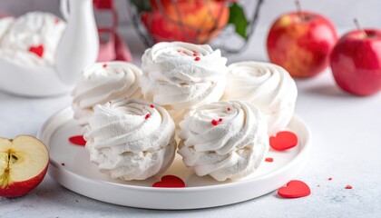 Delicate white meringue desserts adorned with red heart sprinkles and fresh apple slices on a plate.