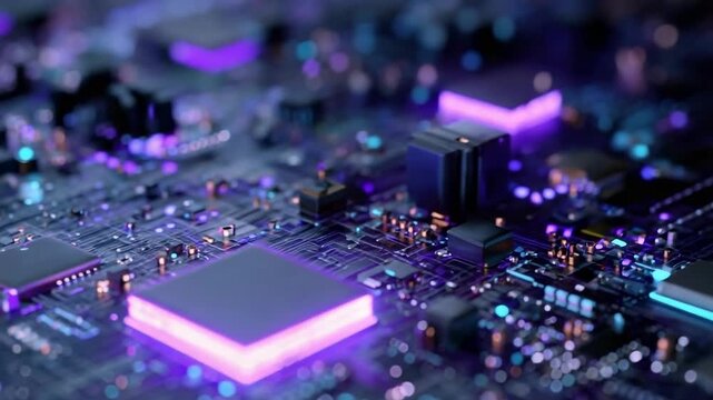 Close-up of a computer motherboard with a glowing purple-lit processor chip.
