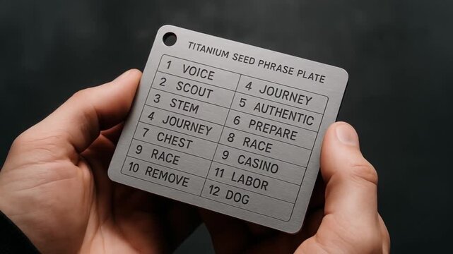 blockchain based system security concept. Metal plate with engraved words held by a person.