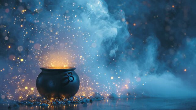 floating cauldron with glowing mist rising, surreal magical festive design