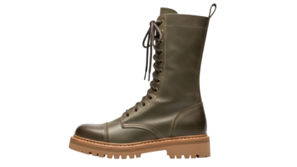 Isolated olive green leather combat boot, laced tall footwear, retro style, fashionable design
