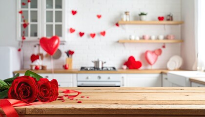 Romantic Valentines Day Kitchen Decoration with Roses and Heart Balloons.