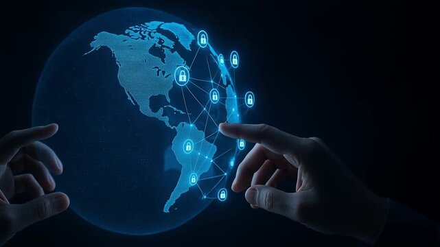 blockchain based system security concept. Interactive digital globe showing network connections and security icons.