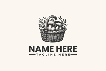 Black and white illustration of a wicker basket filled with mushrooms and foliage, with a placeholder text for a logo name and tagline on a plain background.