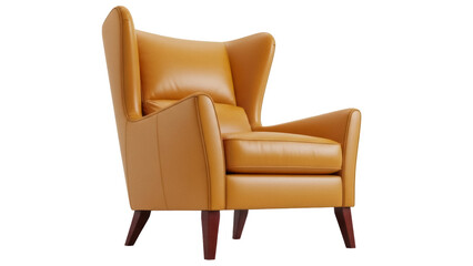 Fototapeta premium Isolated tan leather wingback armchair for home interior, office sitting room, cozy furniture