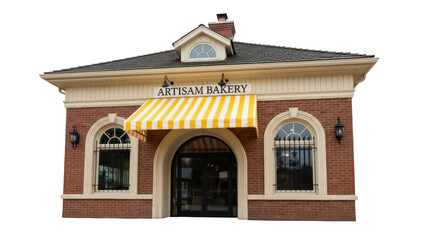 Isolated Artisam Bakery building with awning, arched windows, brick facade architecture