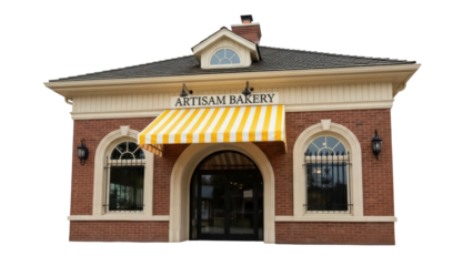 Isolated Artisam Bakery building with awning, arched windows, brick facade architecture