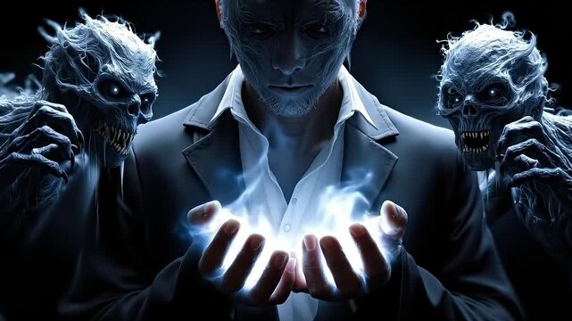 A man in a suit holding a glowing orb in his hands