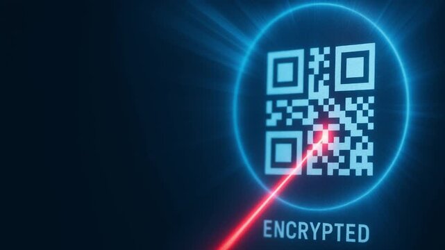 blockchain based system security concept. Encrypted QR code with a laser focus effect.