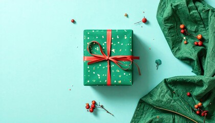 Festive green gift box with red ribbon and berries on a pastel blue background.