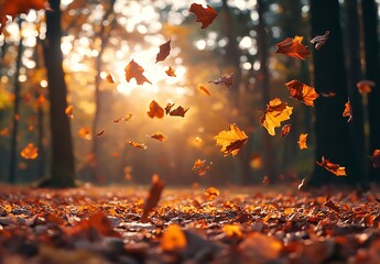 Vibrant Autumn Leaves Falling in a Sunlit Forest, Creating a Warm and Cozy Atmosphere