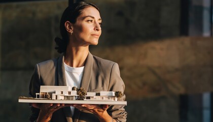 Woman architect holding a building model in warm golden hour light