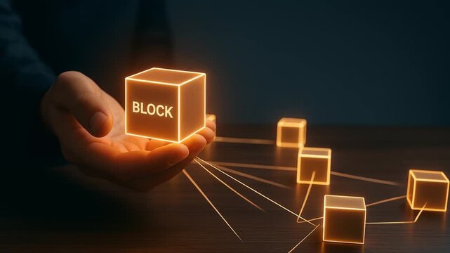 blockchain based system security concept. Hand holding glowing block with interconnected cubes illustrating blockchain technology.