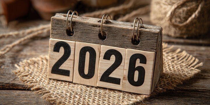 Wooden 2026 Calendar: An up-close view of a rustic wooden calendar block displaying the year 2026, set against a backdrop of organic textures.