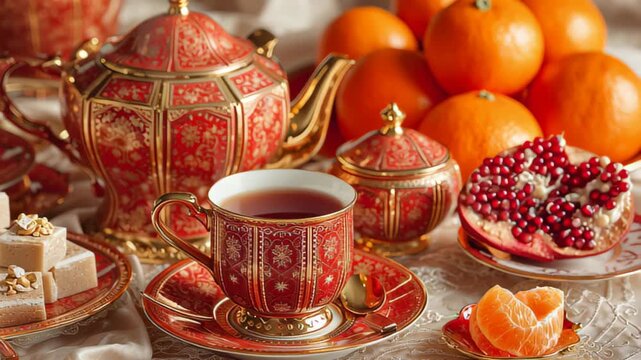 festive tea set with red and gold accents, oranges and traditional sweets, clean lifestyle stock composition