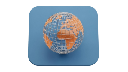Isolated Globe World, Wireframe Earth with Orange Continents on a Blue Rounded Square Tile