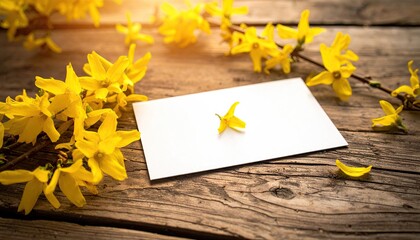 Yellow Forsythia Flowers and Blank Card on Rustic Wooden Table.